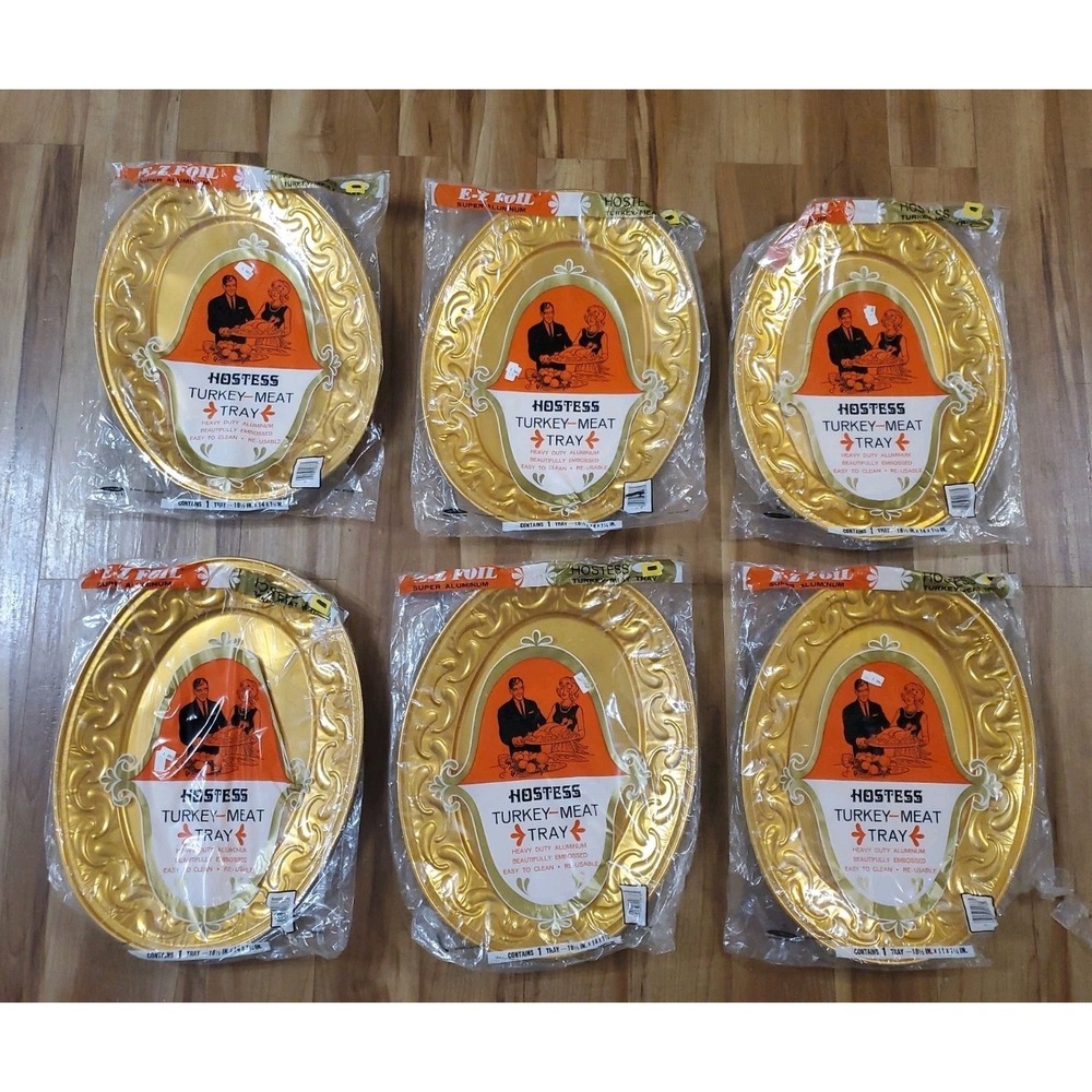 LOT Vintage MCM Meat Tray Platters Reusable EZ Heavy Duty Aluminum Foil Embossed
